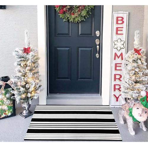 OJIA Christmas Front Door Mat 24"x35" Black and White Front Door Rug Washable Entryway Rug Cotton Handwoven Holiday Indoor Outdoor Doormat Small Area Rugs for Porch/Home Entrance Decor - Image 1
