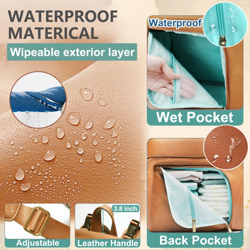 MOMINSIDE Diaper Bag Backpack Leather Diaper Bag with 6 Insulated Pockets, Baby Bag for Mom Dad, Baby Registry, Changing Pad, Stroller Straps,Diaper Backpack Diaper Bag Leather(Biscuit) - Image 3