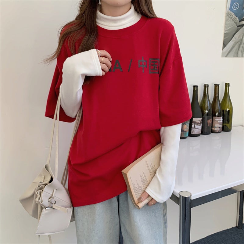 Summer Korean Style Lazy Style Loose Outer Wear Mid-Length Top New Year Red Short-Sleeved T-Shirt Women'S Trendy - Image 5