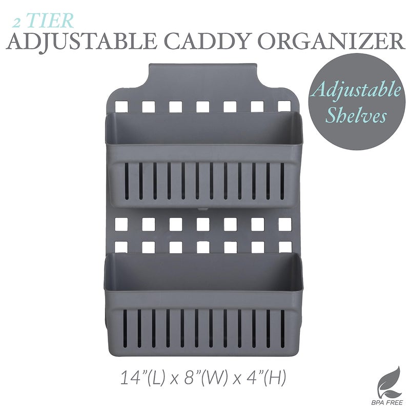 Simplify 2 Tier Over the Cabinet Caddy| Dimensions: 14"x 8"x 4"| Adjustable Shelves | Home Organization | Baskets Hold | Bottles | Cans | Cleaning Products | Hair Tools | Cabinet Storage | Grey - Image 2