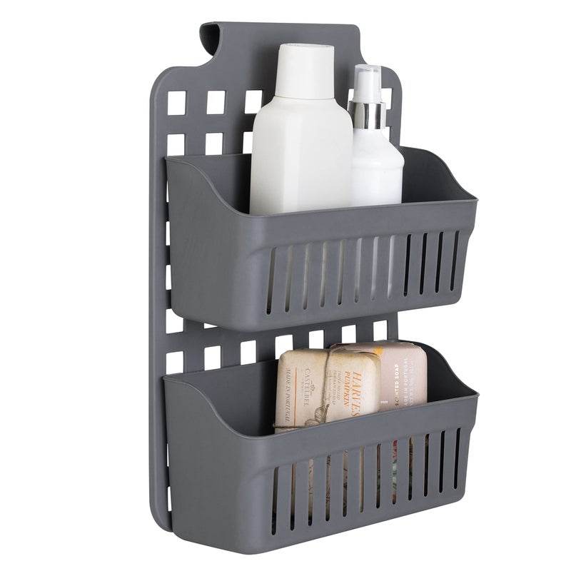 Simplify 2 Tier Over the Cabinet Caddy| Dimensions: 14"x 8"x 4"| Adjustable Shelves | Home Organization | Baskets Hold | Bottles | Cans | Cleaning Products | Hair Tools | Cabinet Storage | Grey - Image 1