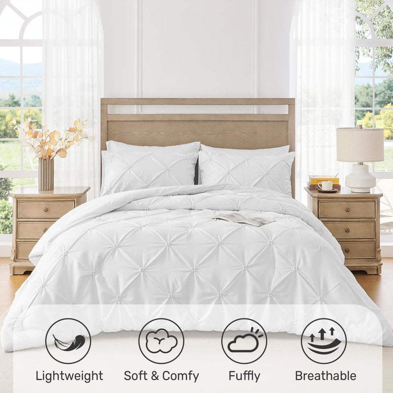 UNIKOME King Size Comforter Set White - Ultra Soft Boho Pintuck Down Alternative Bedding Set for All Seasons, 3 Pieces Lightweight Warm Pinch Pleat Bed Set with Comforter, 2 Pillowcases - Image 2