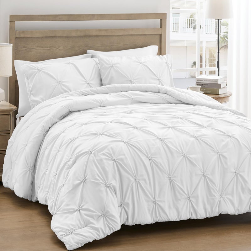UNIKOME King Size Comforter Set White - Ultra Soft Boho Pintuck Down Alternative Bedding Set for All Seasons, 3 Pieces Lightweight Warm Pinch Pleat Bed Set with Comforter, 2 Pillowcases - Image 1