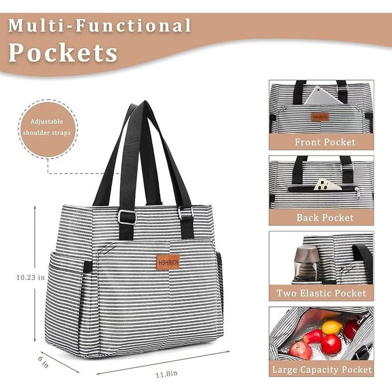 HSHRICH Large Women Lunch Bags/Insulated Adult Lunch Box/Leakproof Cooler Lunch Tote Bag with Storage Pocket. Reusable Lunch Purse for Work Picnic Hiking 12L, Stripe - Image 2