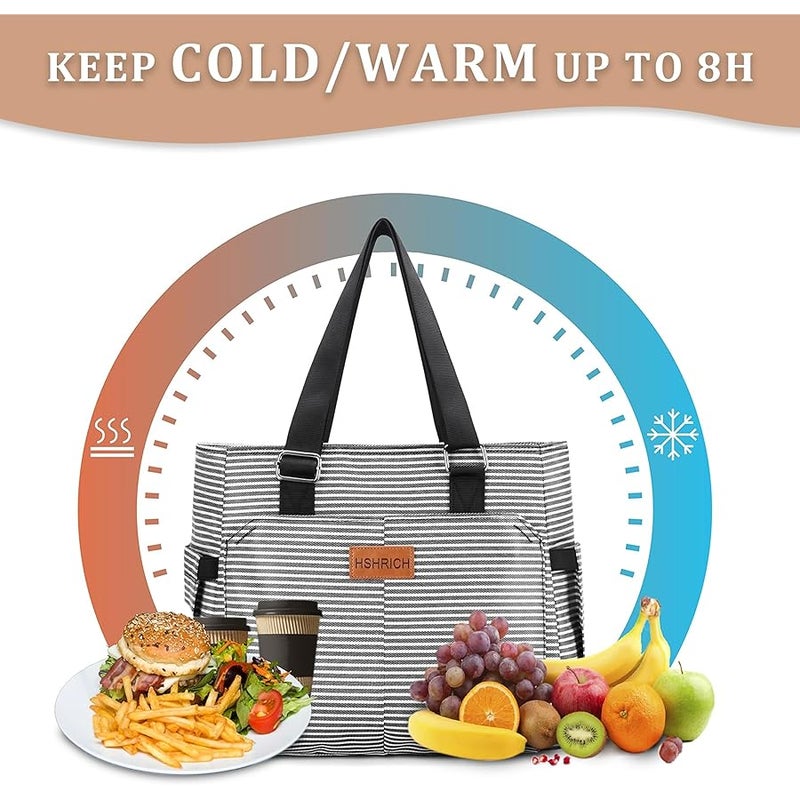 HSHRICH Large Women Lunch Bags/Insulated Adult Lunch Box/Leakproof Cooler Lunch Tote Bag with Storage Pocket. Reusable Lunch Purse for Work Picnic Hiking 12L, Stripe - Image 4