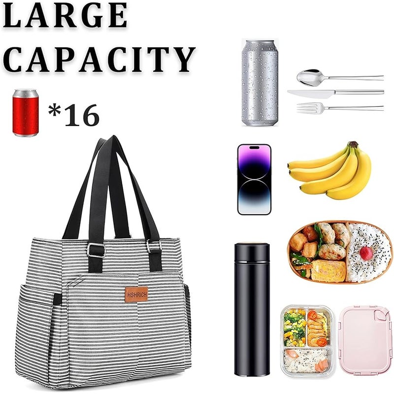 HSHRICH Large Women Lunch Bags/Insulated Adult Lunch Box/Leakproof Cooler Lunch Tote Bag with Storage Pocket. Reusable Lunch Purse for Work Picnic Hiking 12L, Stripe - Image 3