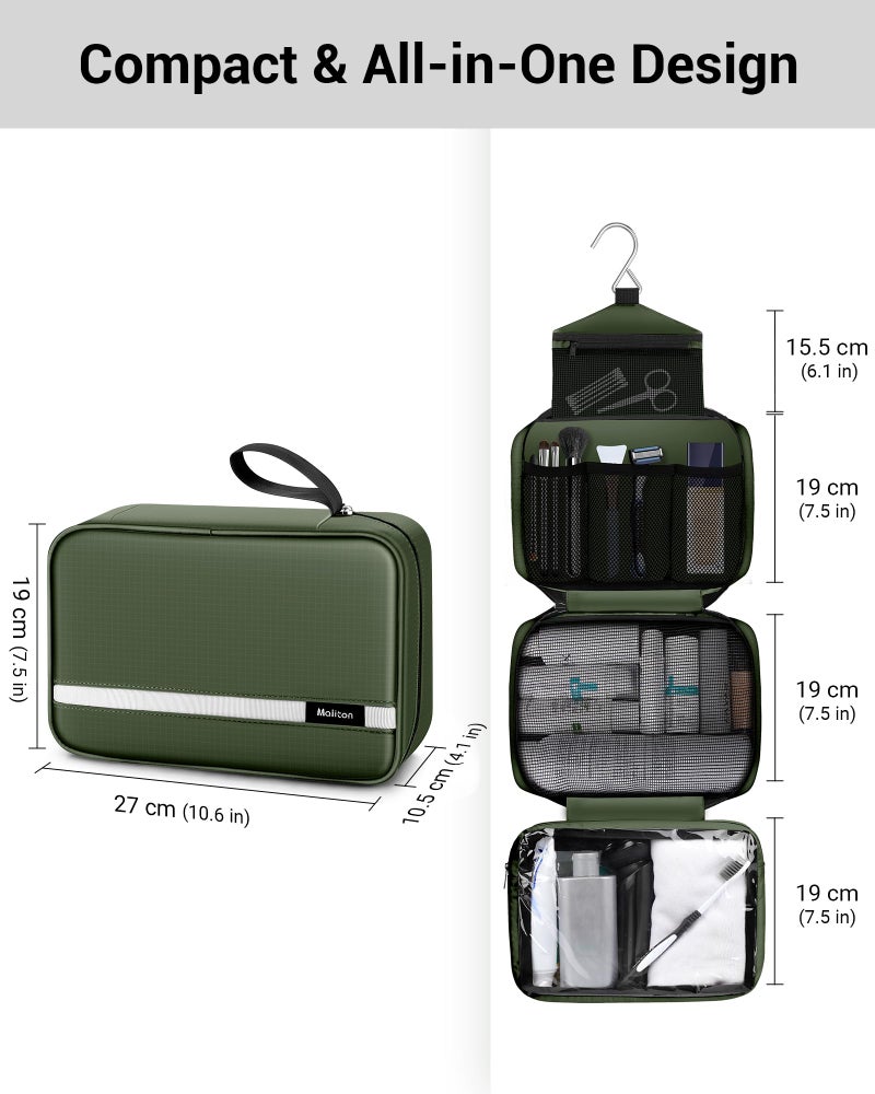 Maliton Toiletry Bag for Men & Women Large Toiletry Bags for Traveling Hanging Toiletry Bag Hygiene Bag with 4 Compartments Waterproof Bathroom Shower Bag(Olive Green) - Image 3