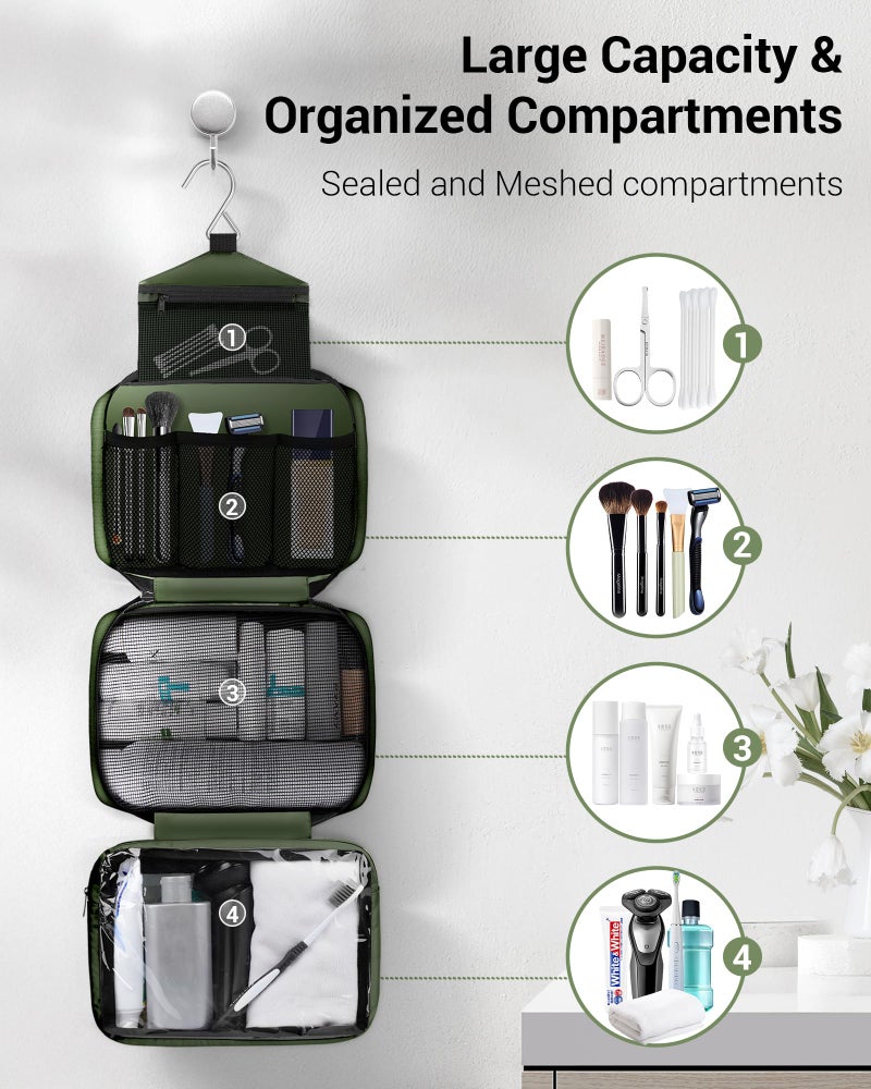Maliton Toiletry Bag for Men & Women Large Toiletry Bags for Traveling Hanging Toiletry Bag Hygiene Bag with 4 Compartments Waterproof Bathroom Shower Bag(Olive Green) - Image 2