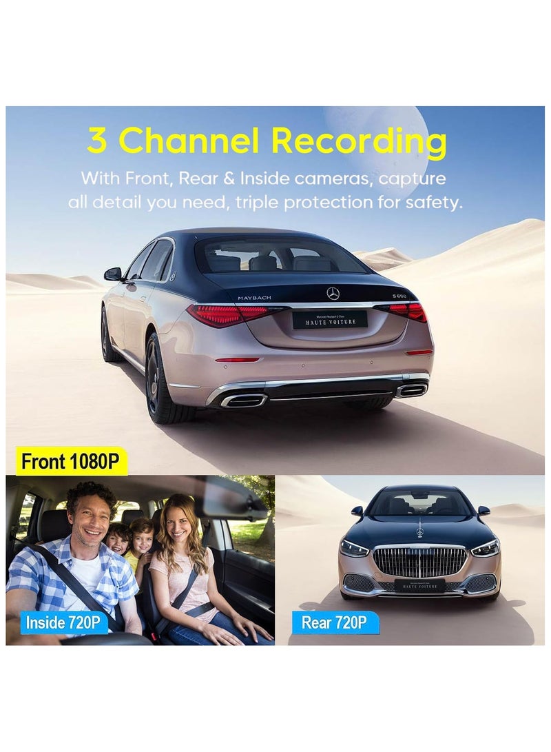 Generic 3 Channel Dash Cam with 1080P Front, Rear, and Inside Recording, Triple Dash Camera for Cars, IR Night Vision, G-Sensor, Loop Recording, Parking Mode – Full HD Car Dashboard Camera  - Image 2