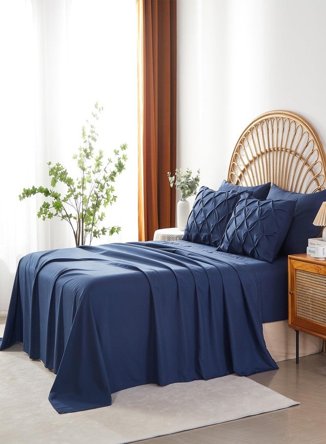 AiMay 6PC Sheet Pillowcase Set Deep Pocket Double Brushed Microfiber Soft Durable Solid Color Wrinkle Free 1 Flat Sheet 1 Fitted Sheet 2 Pillowcases 2 Pinch Plated Pillowcases(Navy Blue, King) - Image 3