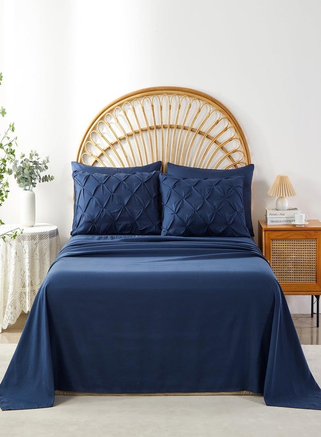 AiMay 6PC Sheet Pillowcase Set Deep Pocket Double Brushed Microfiber Soft Durable Solid Color Wrinkle Free 1 Flat Sheet 1 Fitted Sheet 2 Pillowcases 2 Pinch Plated Pillowcases(Navy Blue, King) - Image 1