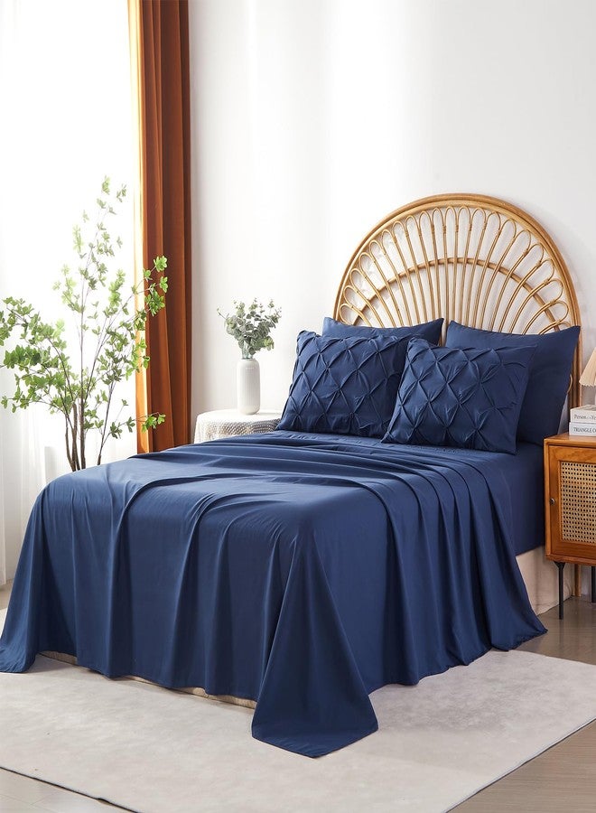 AiMay 6PC Sheet Pillowcase Set Deep Pocket Double Brushed Microfiber Soft Durable Solid Color Wrinkle Free 1 Flat Sheet 1 Fitted Sheet 2 Pillowcases 2 Pinch Plated Pillowcases(Navy Blue, King) - Image 2