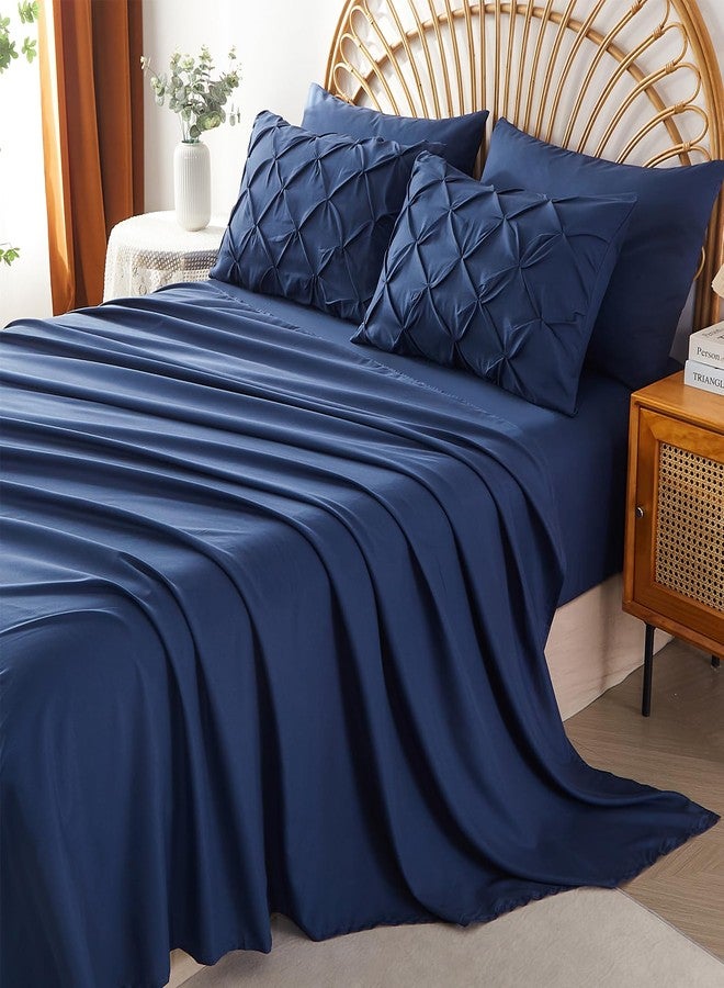 AiMay 6PC Sheet Pillowcase Set Deep Pocket Double Brushed Microfiber Soft Durable Solid Color Wrinkle Free 1 Flat Sheet 1 Fitted Sheet 2 Pillowcases 2 Pinch Plated Pillowcases(Navy Blue, King) - Image 4