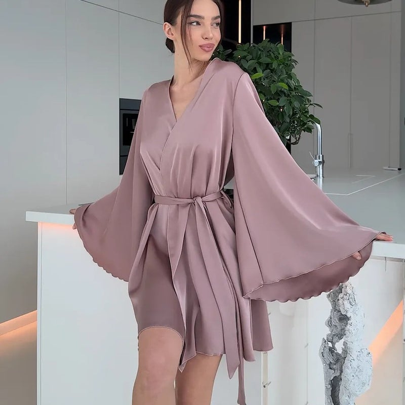 GRACEFUL V-Neck Ruffled Solid Color Tie-Belt High-End Bathrobe Nightgown Party Evening Short Women's Loungewear with Large Cuffs - Image 1