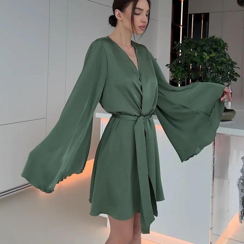 GRACEFUL V-Neck Ruffled Solid Color Tie-Belt High-End Bathrobe Nightgown Party Evening Short Women's Loungewear with Large Cuffs - Image 2