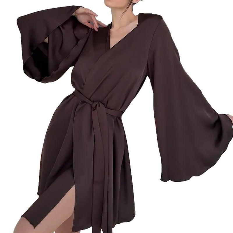 GRACEFUL V-Neck Ruffled Solid Color Tie-Belt High-End Bathrobe Nightgown Party Evening Short Women's Loungewear with Large Cuffs - Image 5