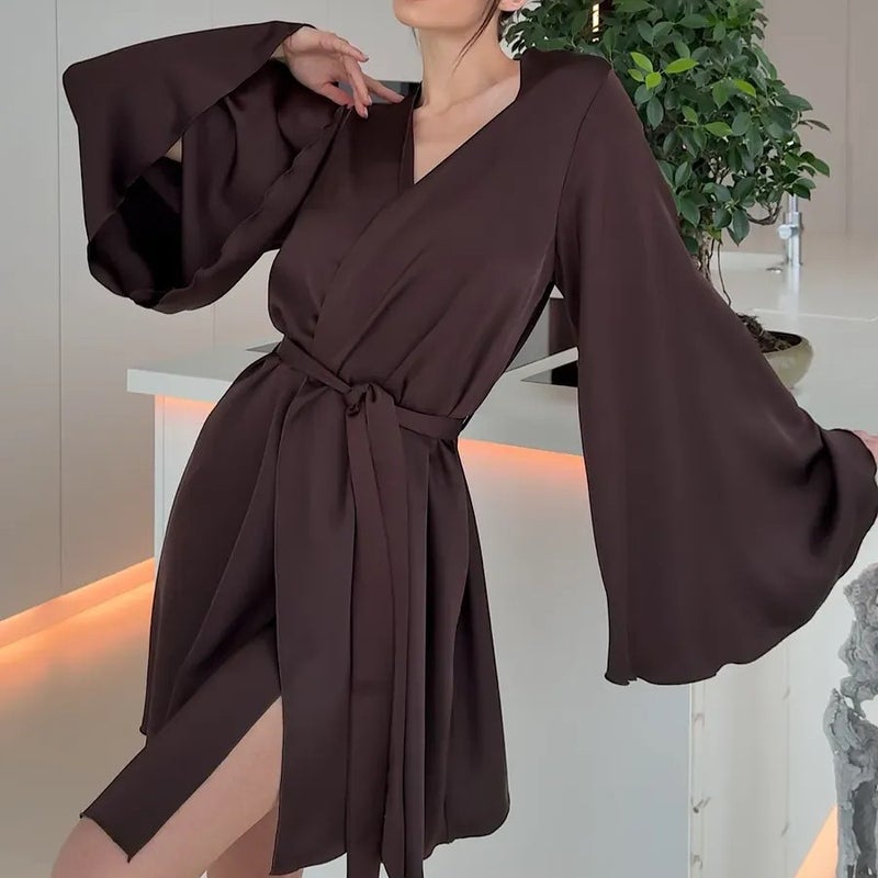 GRACEFUL V-Neck Ruffled Solid Color Tie-Belt High-End Bathrobe Nightgown Party Evening Short Women's Loungewear with Large Cuffs - Image 3