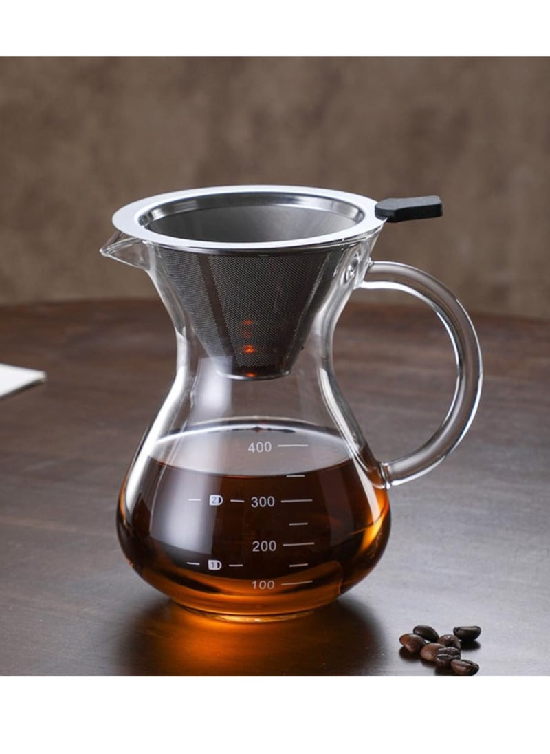 MissTiara Coffee Pot, Pour Over Coffee Maker with Stainless Filter, 400ml Caring Design Glass Hand Drip Coffee Maker Filter Pot with Scale,Coffee Percolator for Office Home  - Image 1