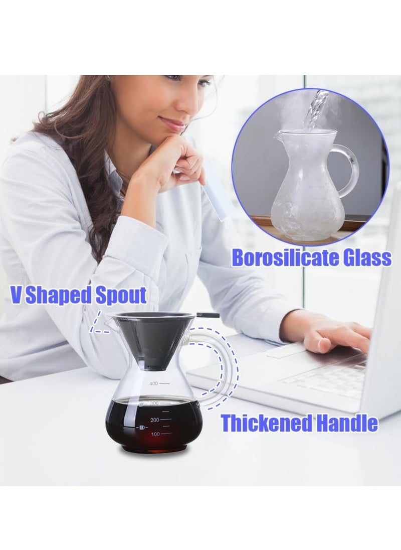 MissTiara Coffee Pot, Pour Over Coffee Maker with Stainless Filter, 400ml Caring Design Glass Hand Drip Coffee Maker Filter Pot with Scale,Coffee Percolator for Office Home  - Image 2