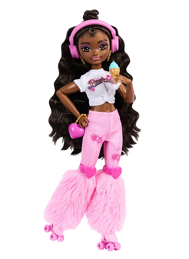 Barbie Dream Besties Doll and Accessories, Barbie “Brooklyn” Posable Roller Skating Fashion Doll with Dark Brown Hair, 9Music & Video Themed Pieces
