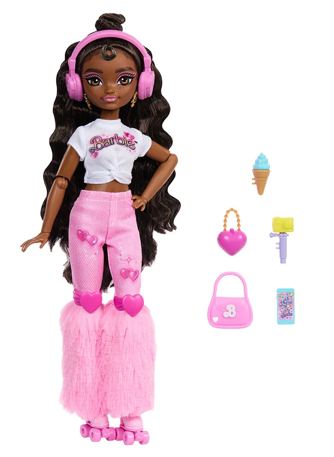 Barbie Dream Besties Doll and Accessories, Barbie “Brooklyn” Posable Roller Skating Fashion Doll with Dark Brown Hair, 9Music & Video Themed Pieces