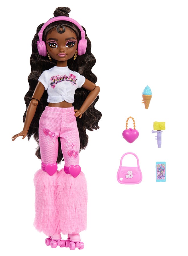 Barbie Dream Besties Doll and Accessories, Barbie “Brooklyn” Posable Roller Skating Fashion Doll with Dark Brown Hair, 9Music & Video Themed Pieces - Image 2