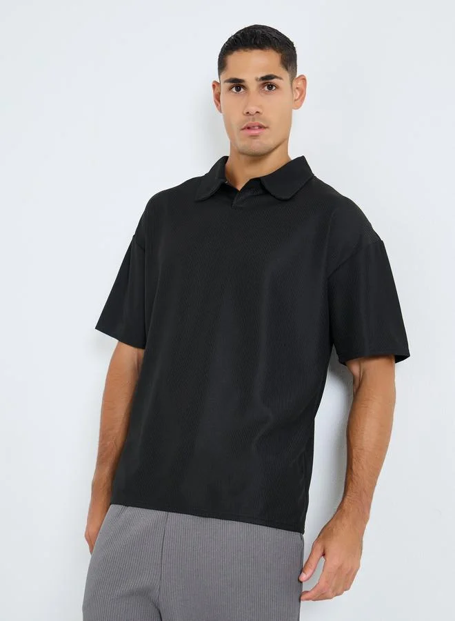 Styli Styli Textured Relaxed Fit Polo with Open Collar