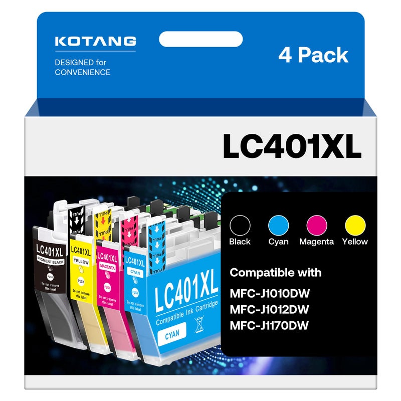 KOTANG خراطيش حبر KOTANG LC401XL بديل لطابعة Brother LC401XL تعمل مع طابعات MFC-J1170DW J1010DW J1012DW (أسود، أزرق، أرجواني، أصفر، 4 عبوات) - Image 1