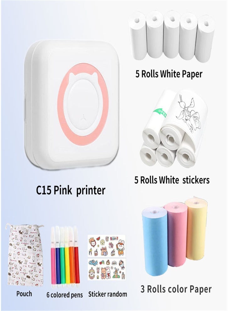 The upgraded version includes 13 rolls of paper, a thermal label printer, a portable mini photo printer, and a rechargeable Bluetooth inkless printer (pink) for Android and iOS smartphones. - Image 1