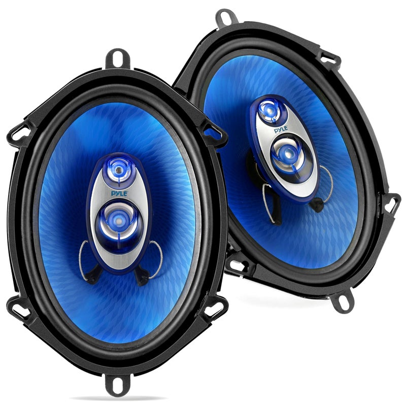 Pyle 5 x 7 Car Sound Speaker Pair Upgraded Blue Poly Injection Cone 3Way 300 Watts wNonfatiguing Butyl Rubber Surround 8020Khz Frequency Response 4 Ohm 1 ASV Voice Coil PL573BL Apple