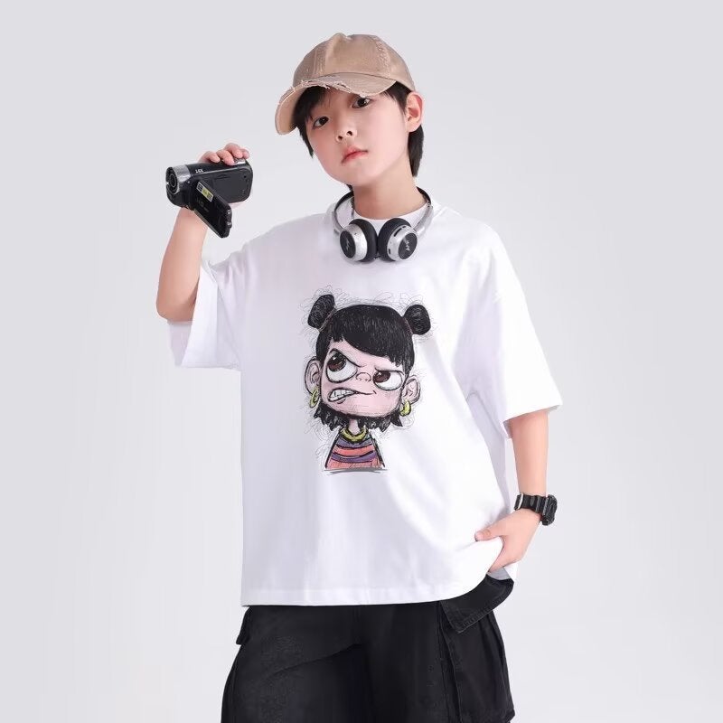 Trendy Short-Sleeved T-Shirt New 2025 Summer American Style Trendy Brand Loose Mid-Large Children'S Round Neck Printed Top Ins Half-Sleeved