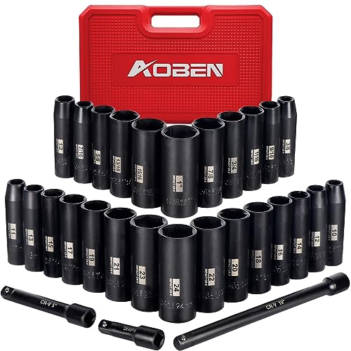 AOBEN مجموعة مفاتيح صدمات AOBEN 1/2 بوصة، 29 قطعة، 6 نقاط، SAE/متر، (3/8" - 1"، 10 مم - 24 مم)، عميق، فولاذ Cr-V، تشمل قضبان تمديد 3"، 5"، 10" - Image 1