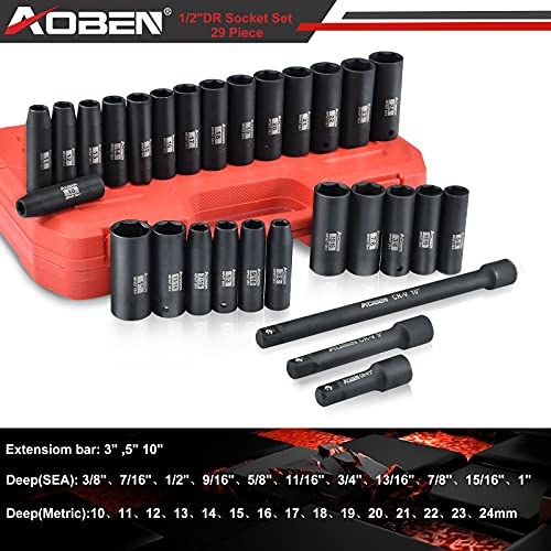 AOBEN مجموعة مفاتيح صدمات AOBEN 1/2 بوصة، 29 قطعة، 6 نقاط، SAE/متر، (3/8" - 1"، 10 مم - 24 مم)، عميق، فولاذ Cr-V، تشمل قضبان تمديد 3"، 5"، 10" - Image 2