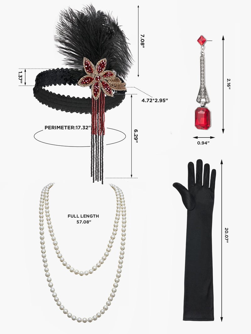 SWEETV 1920 Dresses for Women,V-Neck Flapper Dresses 1920s Gatsby Roaring 20s Costumes with 20s Accessories Set For Harlem Nights/Formal/Cocktail/Party/Prom/Club/Wedding,Small,Red - Image 5