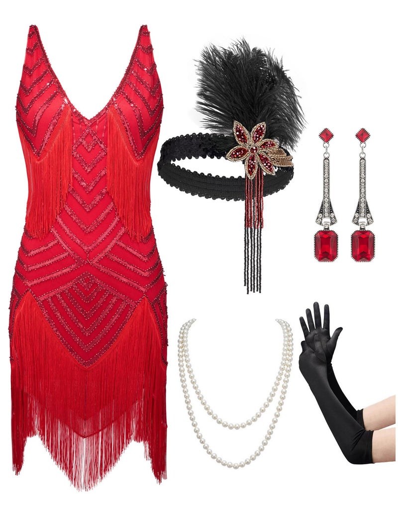 SWEETV 1920 Dresses for Women,V-Neck Flapper Dresses 1920s Gatsby Roaring 20s Costumes with 20s Accessories Set For Harlem Nights/Formal/Cocktail/Party/Prom/Club/Wedding,Small,Red - Image 1