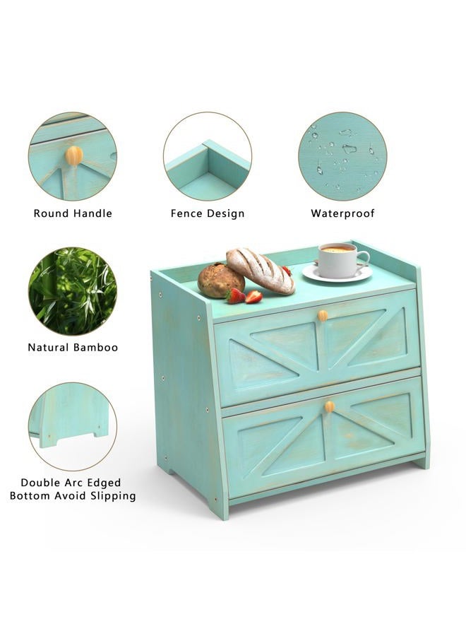 Trironsun Vintage Double Layer Bread Box for Kitchen Counter Bamboo Bread Storage Container Large Capacity Bread Storage Bin (Antique Blue) - Image 4