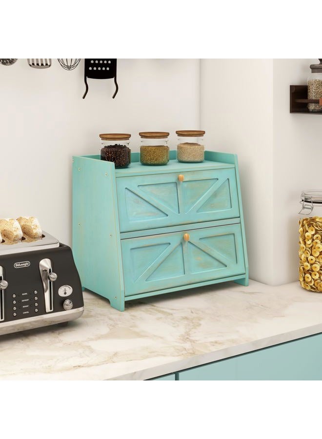 Trironsun Vintage Double Layer Bread Box for Kitchen Counter Bamboo Bread Storage Container Large Capacity Bread Storage Bin (Antique Blue) - Image 2