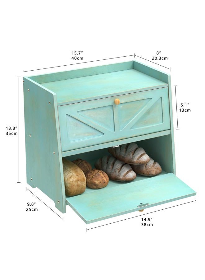 Trironsun Vintage Double Layer Bread Box for Kitchen Counter Bamboo Bread Storage Container Large Capacity Bread Storage Bin (Antique Blue) - Image 5
