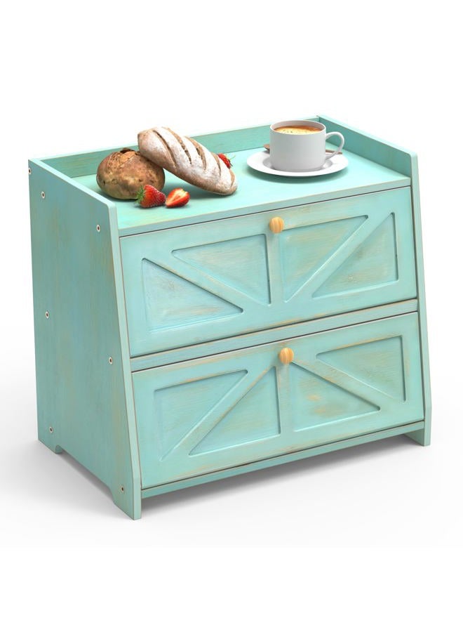 Trironsun Vintage Double Layer Bread Box for Kitchen Counter Bamboo Bread Storage Container Large Capacity Bread Storage Bin (Antique Blue) - Image 1
