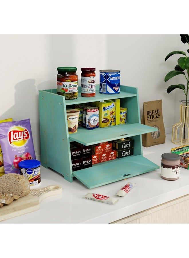 Trironsun Vintage Double Layer Bread Box for Kitchen Counter Bamboo Bread Storage Container Large Capacity Bread Storage Bin (Antique Blue) - Image 3