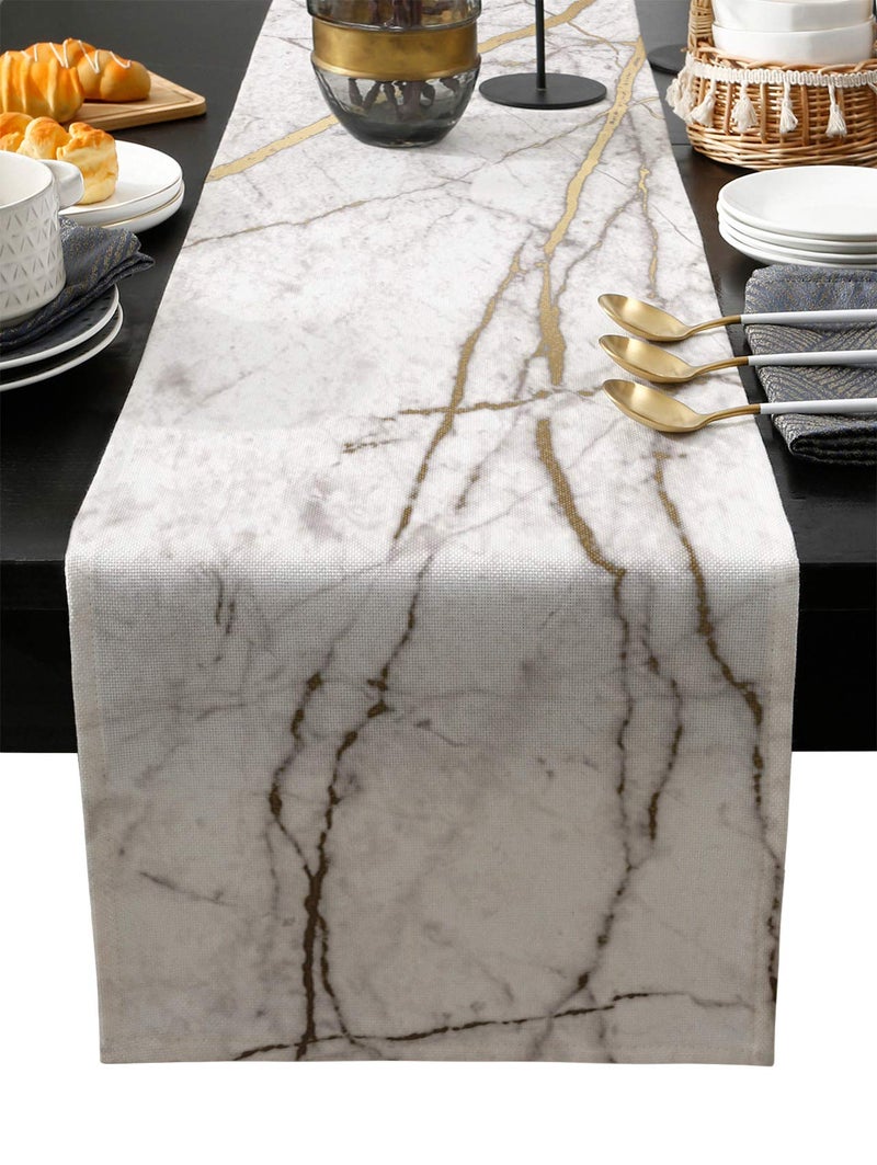 Marble Table RunnerCotton LinenLong 90 inche White Gray Gold Dresser ScarvesTexture Tablerunner for Kitchen CoffeeDiningSofaEnd Table Bedroom Home Living RoomScarfs Decor for Holiday Dinner