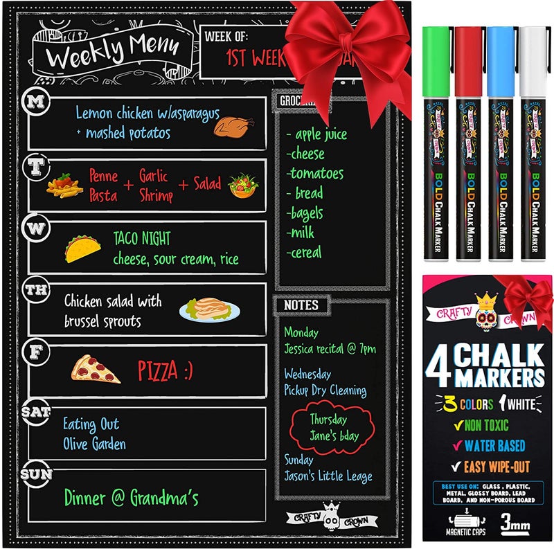 CHALKY CROWN Magnetic Dry Erase Menu Board for Fridge Includes 4 Liquid Chalk Markers - Weekly Meal Planner Blackboard, Grocery List and Notepad for Kitchen Refrigerator - Chalkboard Magnet - Image 1