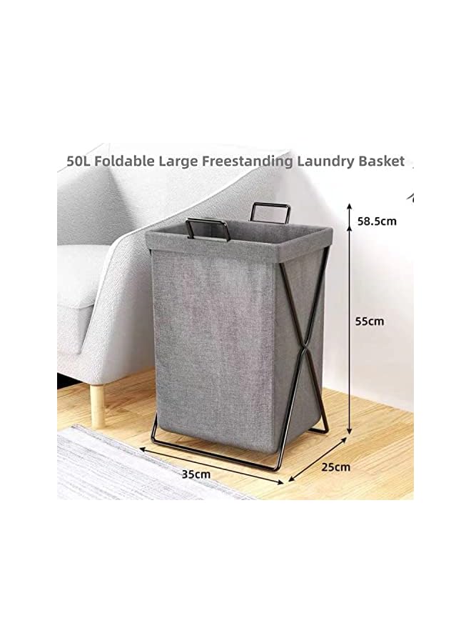 Zaboon Laundry Basket 50L Foldable Laundry Basket With Stainless Steel Frame Laundry Hamper Bag Washing Bin Clothes Bag Organizer Storage Wash Basket Hamper For Clothes Toys (Grey) - Image 2