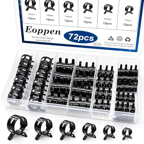 Eoppen 72Pcs Spring Hose Clamps Fuel Line Silicone Vacuum Hose Low Pressure Air Clamps Sleeving Automotive Replacement Fastener Assortment Kit 6 Sizes 7mm 10mm 11mm 14mm 16mm 18mm Black - Image 1