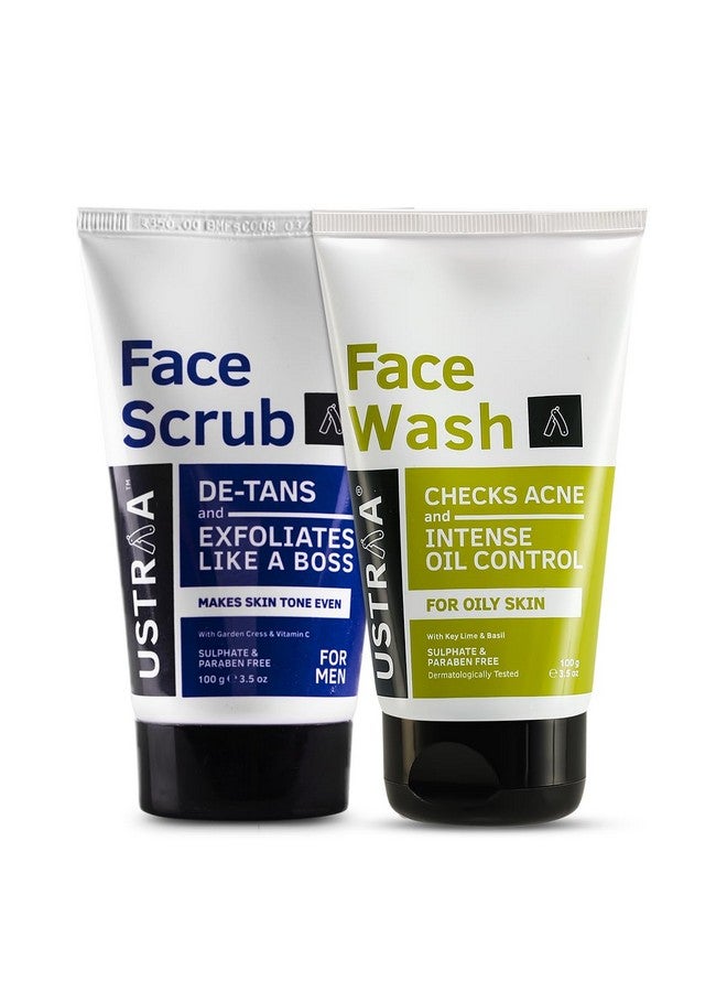 Ustraa De Tan Face Scrub For Men, 100G| Exfoliation & Effective Tan Removal | Walnut Granules & Face Wash Oily Skin 100G With Basil & Key Lime For Ane Prone Skin | No Sls | Checks Acne - Image 1
