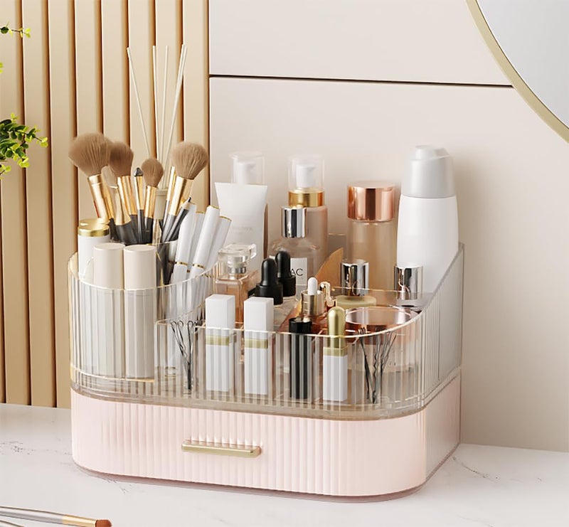 STORICANS 360Â° Rotating Makeup Organizer with Drawer, Clear Acrylic Cosmetic Storage Display, Stackable Beauty Counter (Pink, Large (Tray + 1 Drawer)) - Image 1