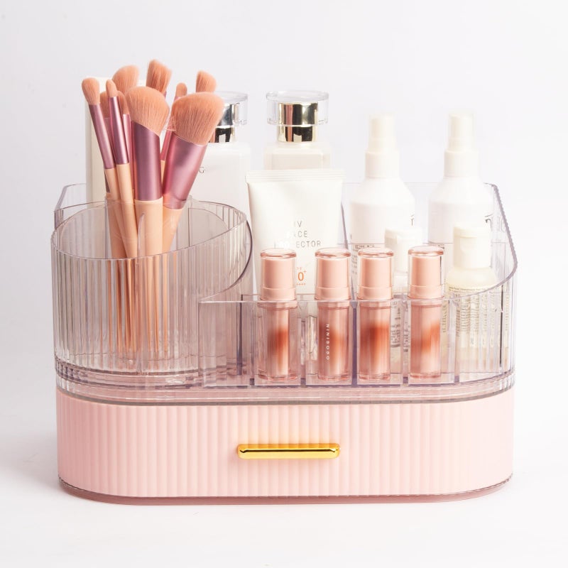 STORICANS 360Â° Rotating Makeup Organizer with Drawer, Clear Acrylic Cosmetic Storage Display, Stackable Beauty Counter (Pink, Large (Tray + 1 Drawer)) - Image 5