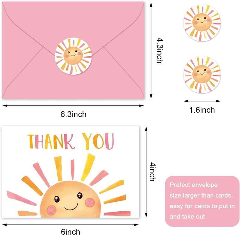 Whaline 24 Pack Sunshine Thank You Cards Pink Orange Cartoon Sun Note Card with Envelopes Stickers Cute Greeting Blank Card for Birthday Baby Shower - Image 2