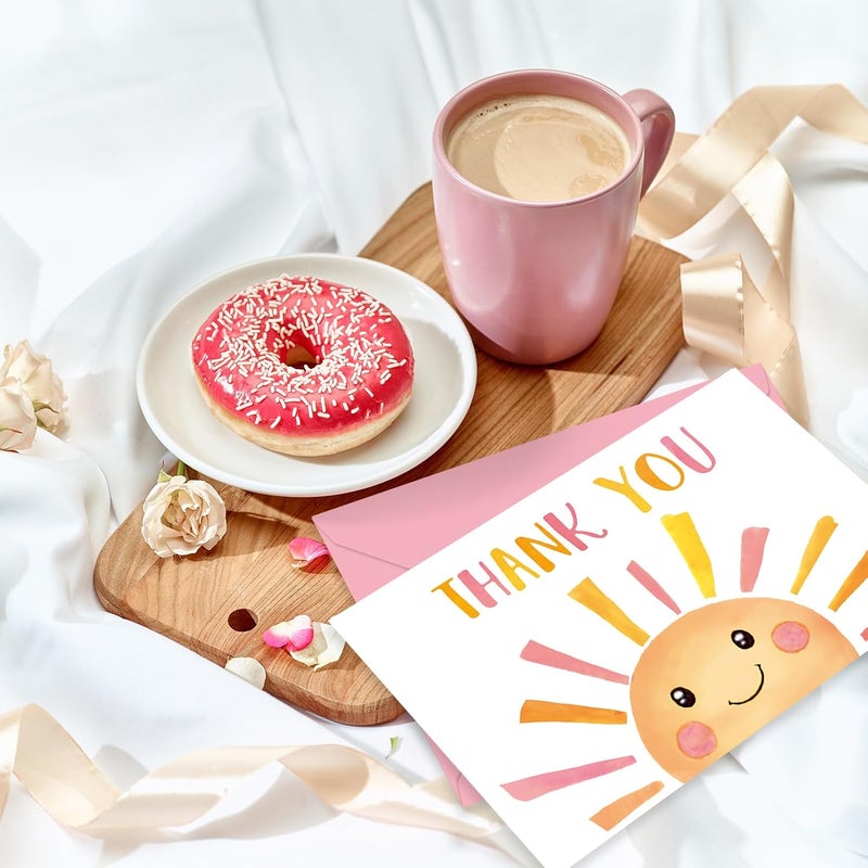 Whaline 24 Pack Sunshine Thank You Cards Pink Orange Cartoon Sun Note Card with Envelopes Stickers Cute Greeting Blank Card for Birthday Baby Shower - Image 5