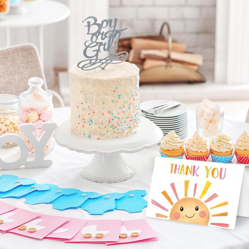 Whaline 24 Pack Sunshine Thank You Cards Pink Orange Cartoon Sun Note Card with Envelopes Stickers Cute Greeting Blank Card for Birthday Baby Shower - Image 4